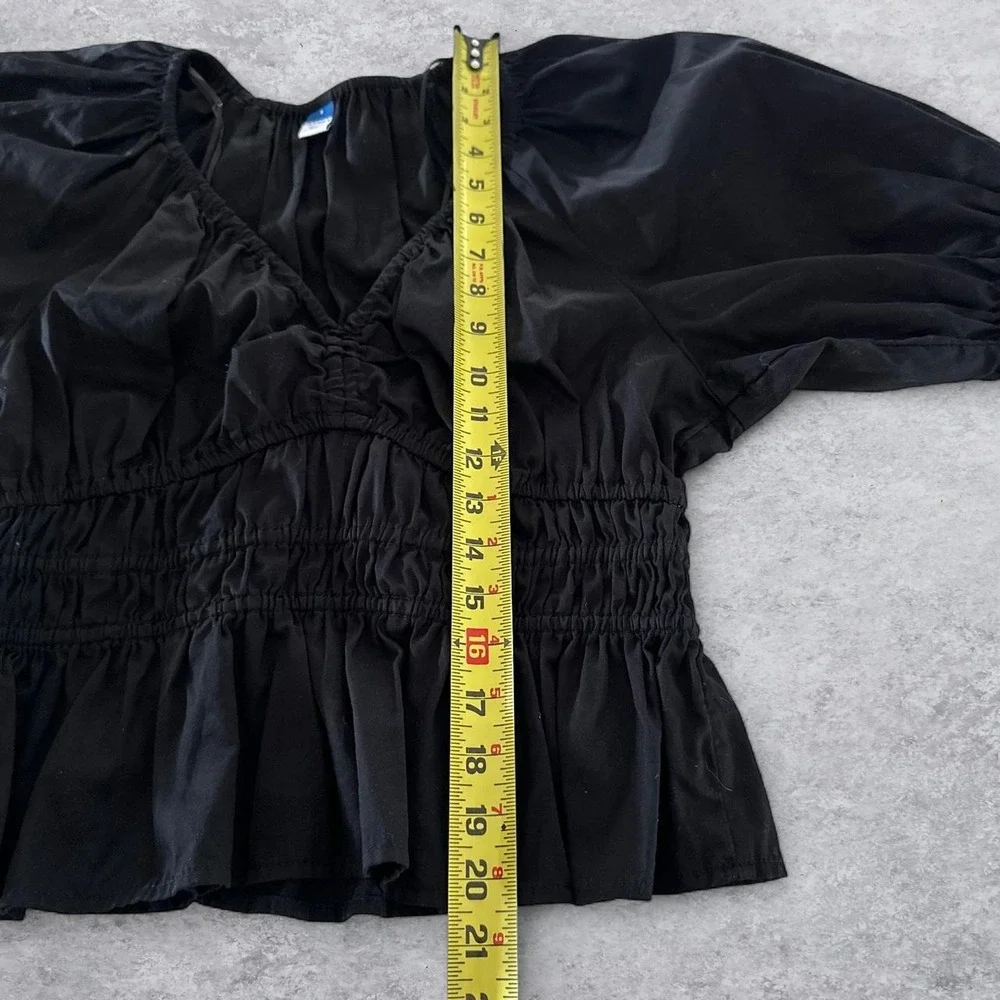 Old Navy Womens Black Cotton Poplin Smocked Peplum Puff Sleeve V-Neck Blouse S